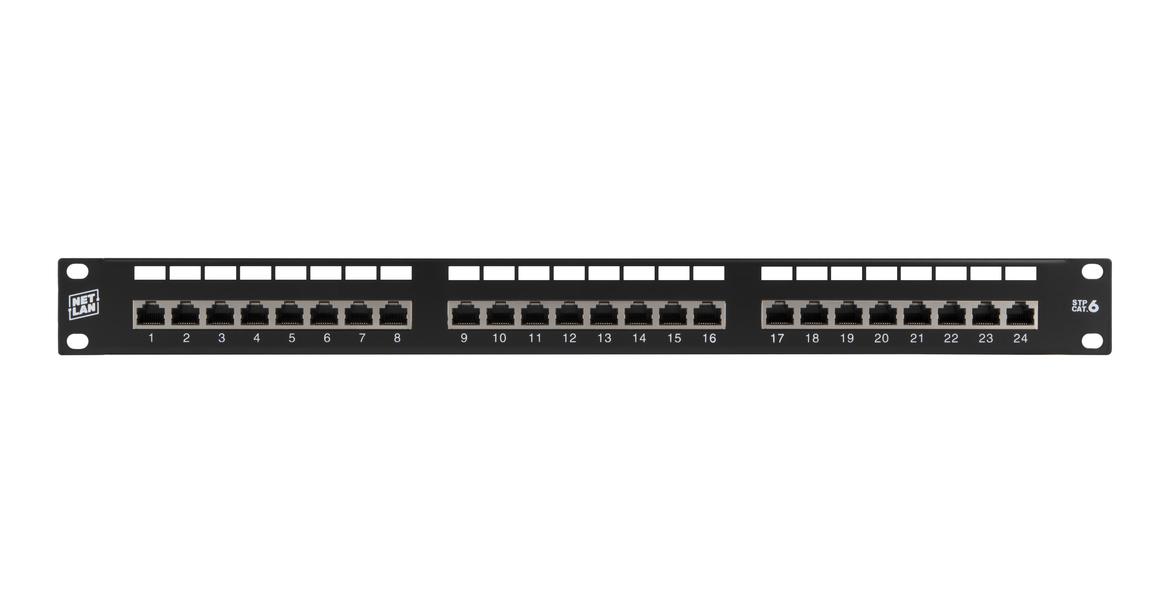 Коммутационная панель Netlan NETLAN 19", 1U, 24 порта, Кат. 6 (Класс Е), 250МГц, RJ45/8P8C, 110/KRONE, T568/B, экранированная, черная.
